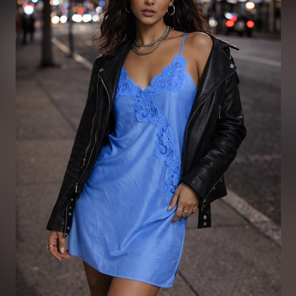 Vintage Janice Lee Blue Lace Trim Slip Nightgown Size L | Fantasy Nightwear